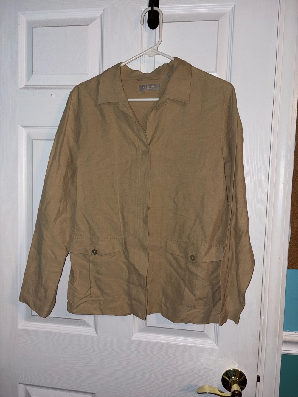 Kate Hill Casual Women's Beige Linen Silk Long Sleeve Button Shirt 6